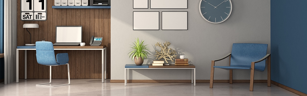 Work at home in a large room with desk and armchair